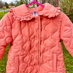 Little Me Pink Quilted Jacket with Ruffle Collar White Stitching Size 2T